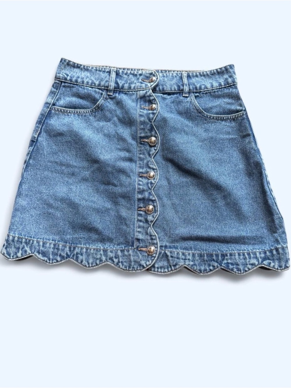 Scalloped Hem Button-Front Denim Mini Skirt - Blue